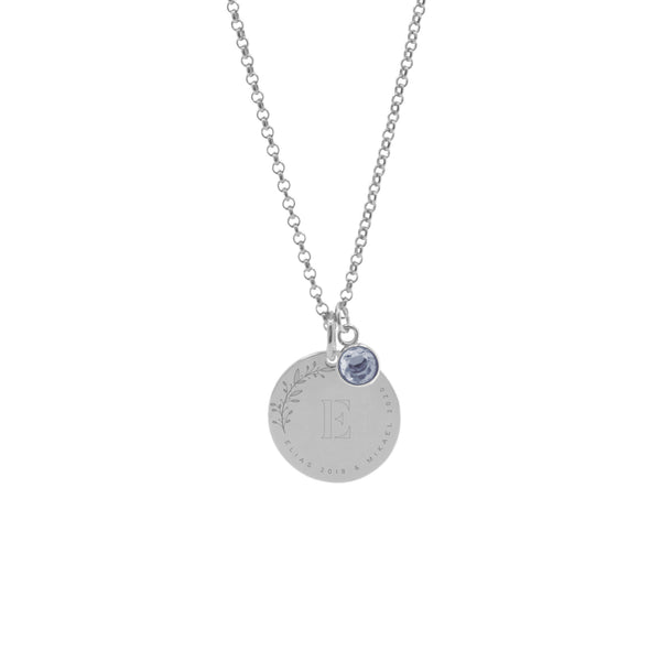 Platelets Cubic Zirconia Birthstone Necklace With Engraving.  Data of your favorite people.  silver