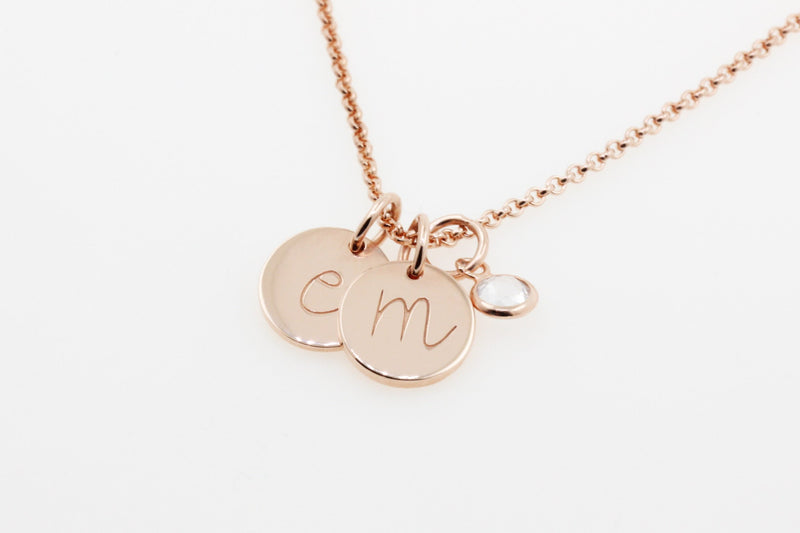 New!  Mini Plates Necklace With Initials And Cubic Zirconia Birthstone.  Stainless steel waterproof