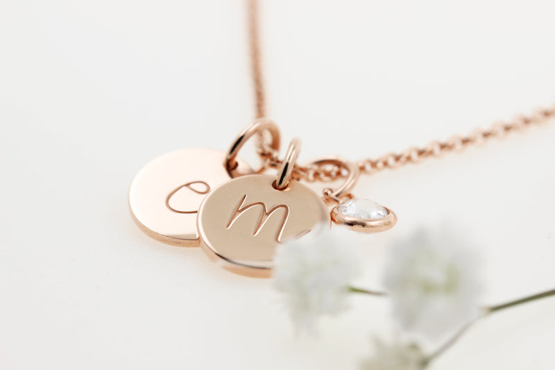 New!  Mini Plates Necklace With Initials And Cubic Zirconia Birthstone.  Stainless steel waterproof