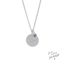 Platelets Cubic Zirconia Birthstone Necklace With Engraving.  Own handwriting, photo, footprint.  silver