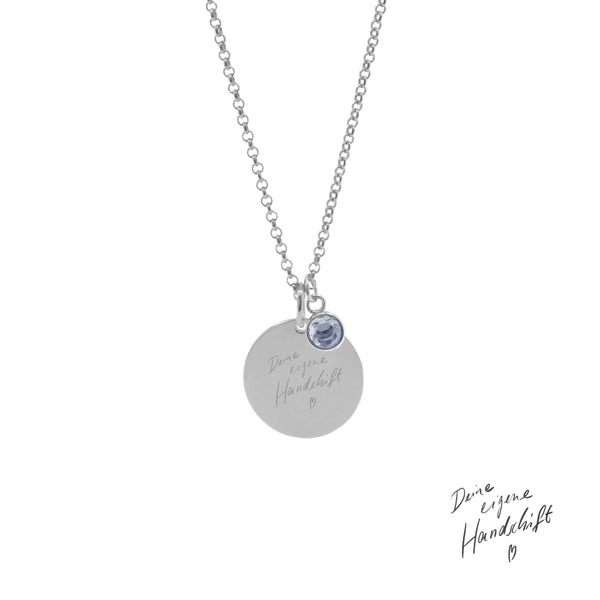 Platelets Cubic Zirconia Birthstone Necklace With Engraving.  Own handwriting, photo, footprint.  silver