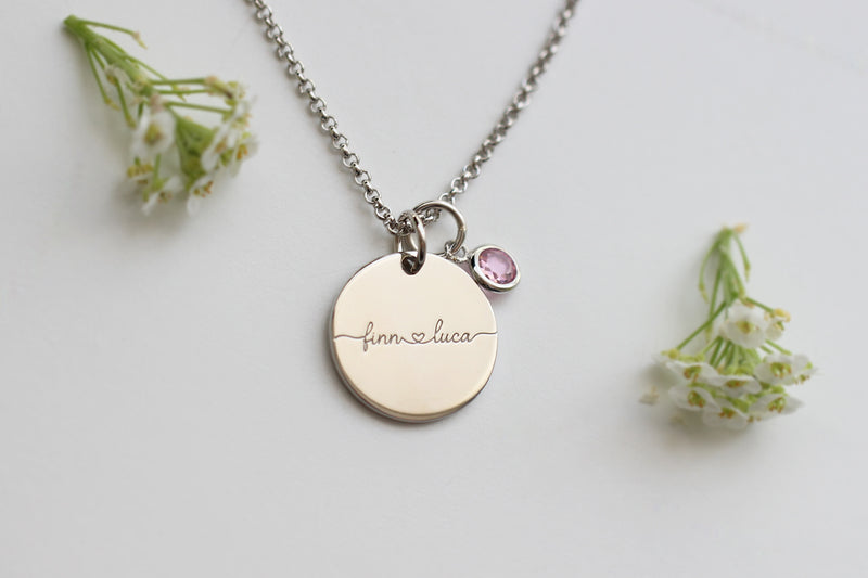 Platelets Cubic Zirconia Birthstone Necklace With Engraving.  Hearts.  silver