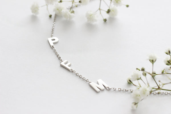 Necklace With Letters + Hearts.  silver