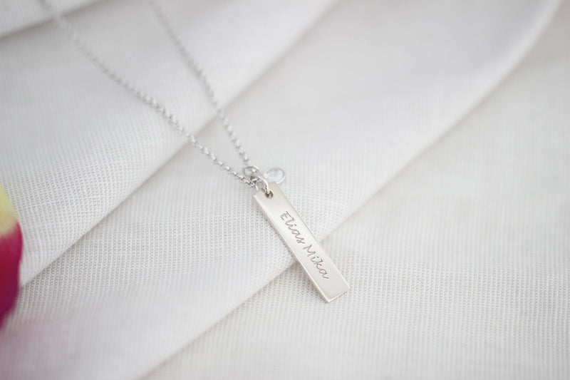 Bar Necklace With Engraving And Cubic Zirconia Birthstone.  silver