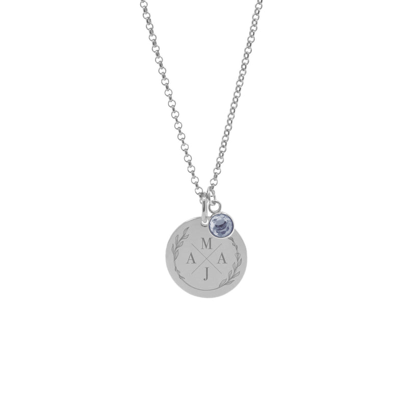 Platelets Cubic Zirconia Birthstone Necklace With Engraving.  Initials.  silver