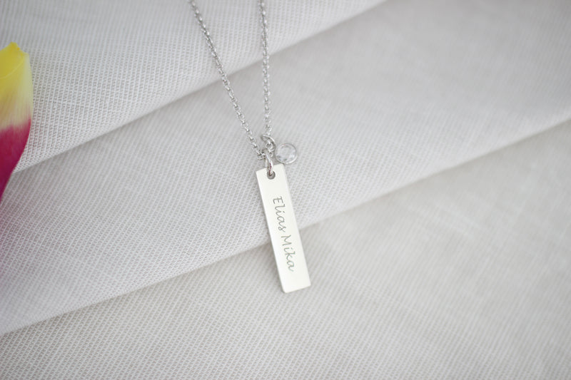 Bar Necklace With Engraving And Cubic Zirconia Birthstone.  silver