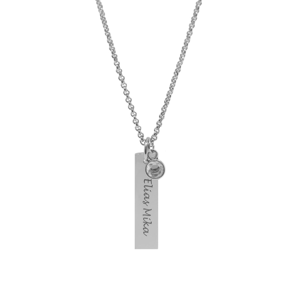 Bar Necklace With Engraving And Cubic Zirconia Birthstone. silver